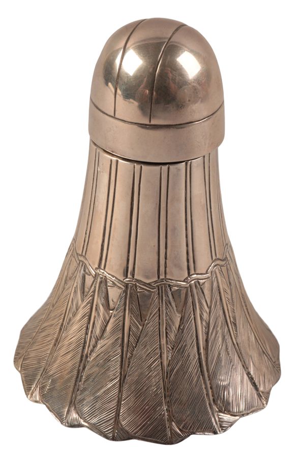 A GEORGE V SILVER SHUTTLECOCK INKWELL