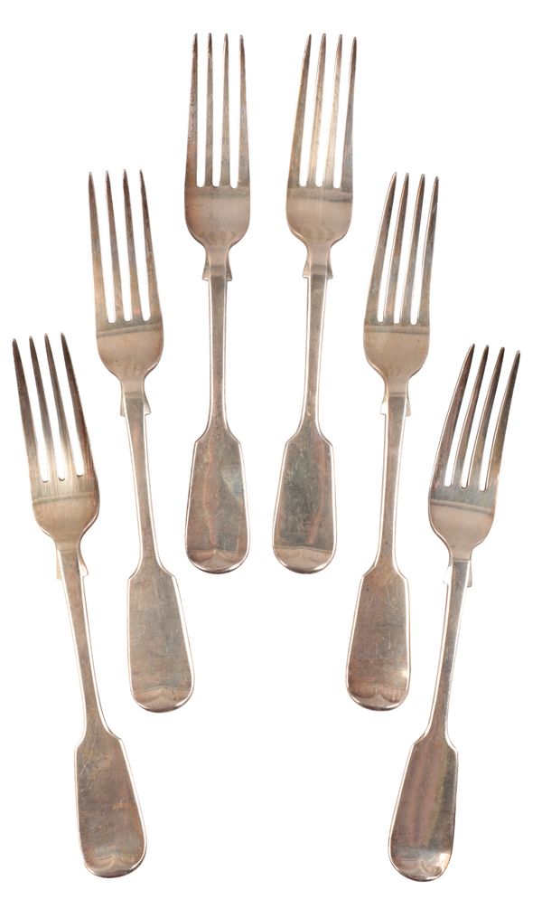 A SET OF SIX VICTORIAN SILVER FIDDLE PATTERN TABLE FORKS