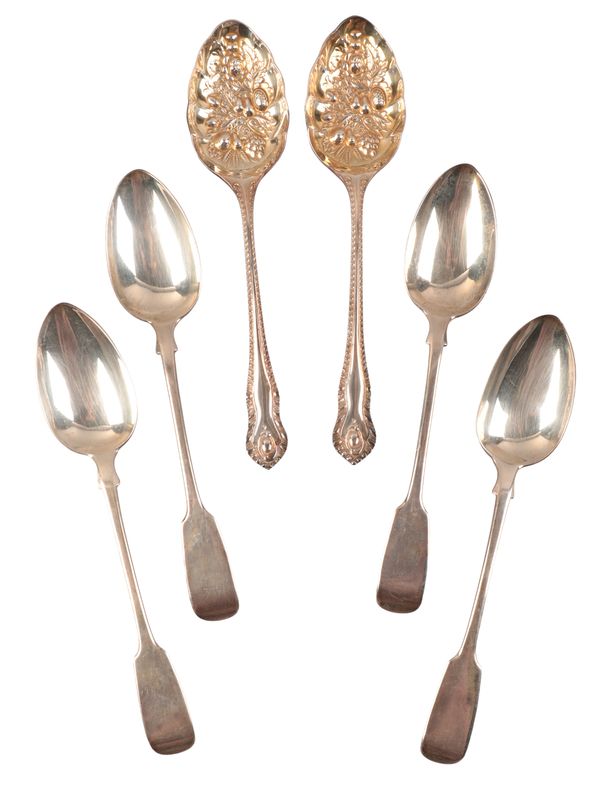 A SET OF FOUR VICTORIAN SILVER FIDDLE PATTERN TABLE SPOONS