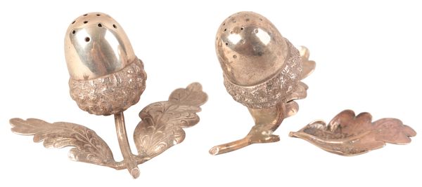 A VICTORIAN SILVER ACORN SALT AND MATCHING PEPPER