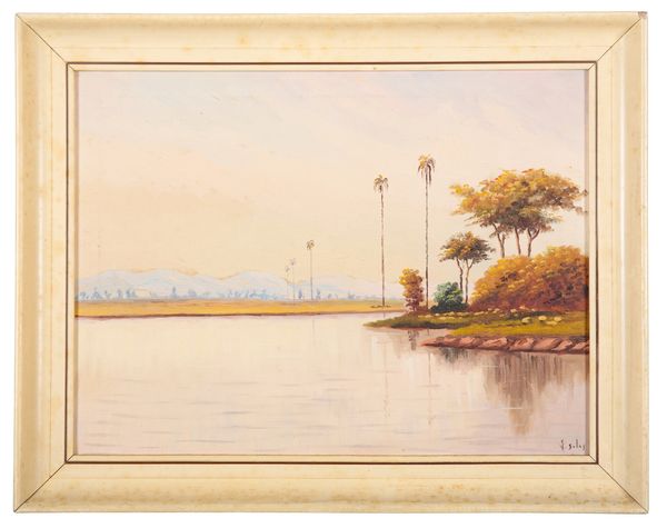 J. SOLOS (20TH CENTURY) River landscape with palm trees