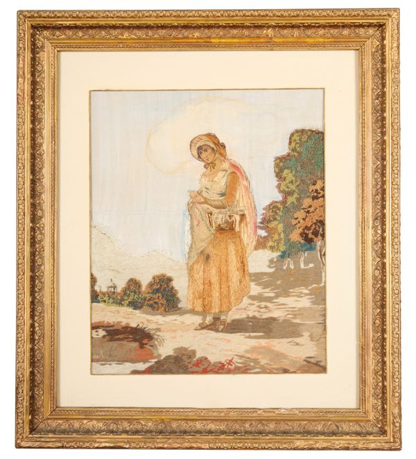 A 19TH CENTURY EMBROIDERY DEPICTING A YOUNG WOMAN IN A LANDSCAPE