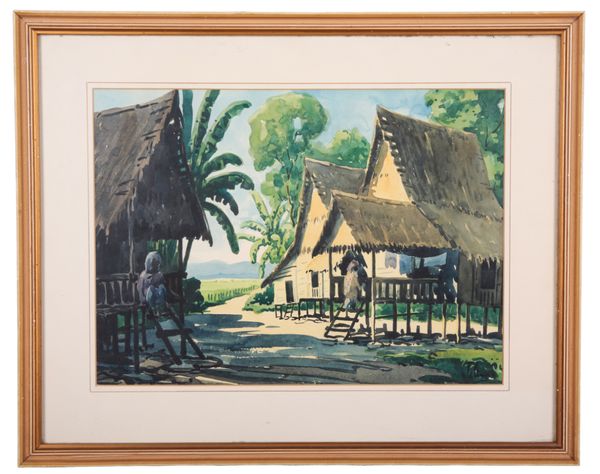 CONTINENTAL SCHOOL, 20TH CENTURY Village scene with houses on stilts