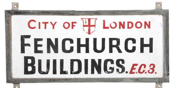 A VINTAGE ENAMELLED STREET SIGN - ‘CITY OF LONDON FENCHURCH BUILDINGS E.C.3’