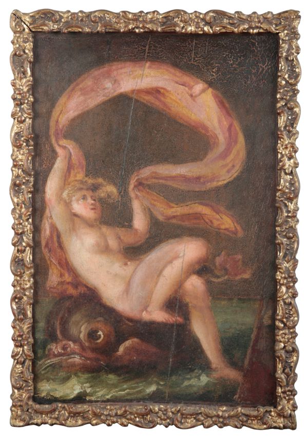 CONTINENTAL SCHOOL, 19TH CENTURY Seascape with classical figure and mythical fish
