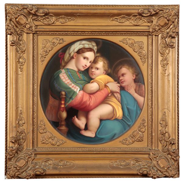 A GERMAN PORCELAIN PLAQUE DECORATED WITH A COPY OF RAPHAEL'S 'MADONNA DELLA SEGGIOLA'