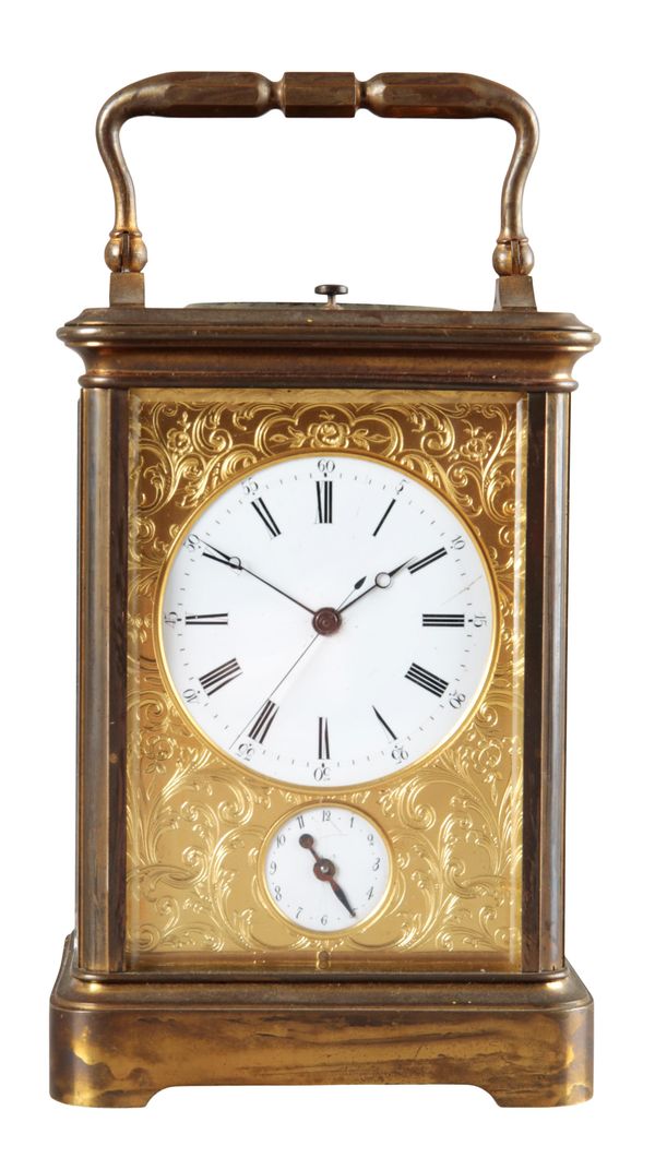 A FRENCH BRASS REPEATING CARRIAGE CLOCK BY DUMAS