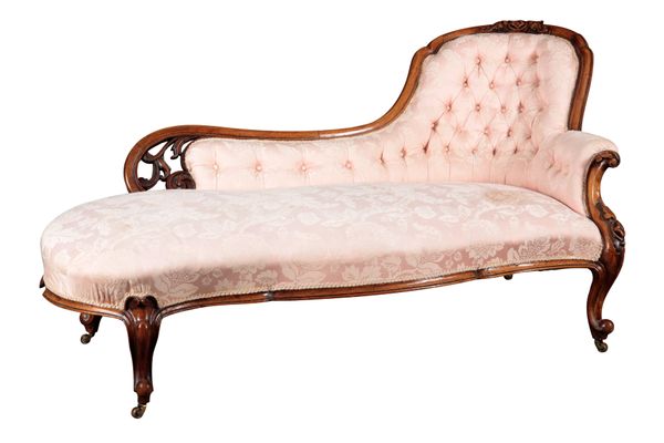 A VICTORIAN WALNUT CHAISE LONGUE IN ROCOCO STYLE