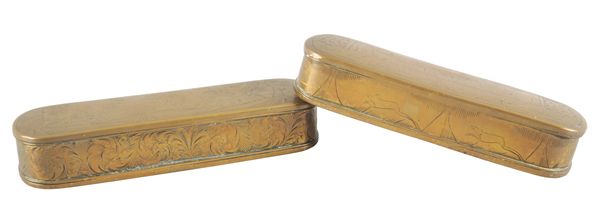 TWO DUTCH ENGRAVED BRASS TOBACCO BOXES