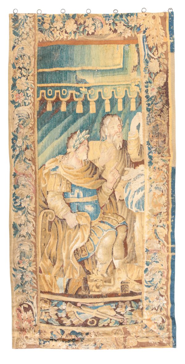 A FRENCH TAPESTRY WALL HANGING OR DOOR PANEL