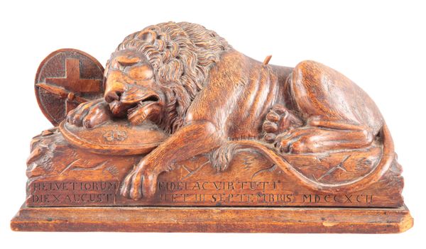 AFTER BERTEL THORWALDSEN (1768/70-1844) A carved wood model of The Lion of Lucerne