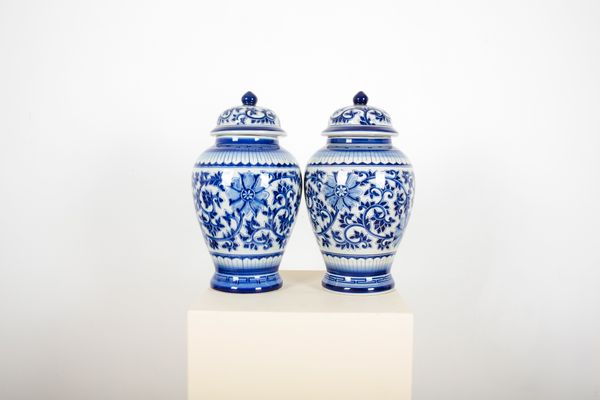 A PAIR OF BLUE AND WHITE PORCELAIN GINGER JARS