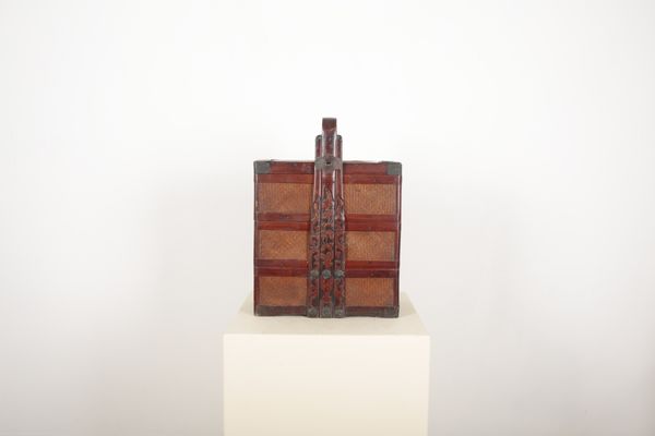 A CHINESE THREE TIER BAMBOO AND RATTAN FOOD OR PICNIC BASKET