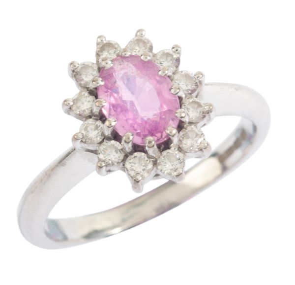 A PINK SAPPHIRE AND DIAMOND CLUSTER RING