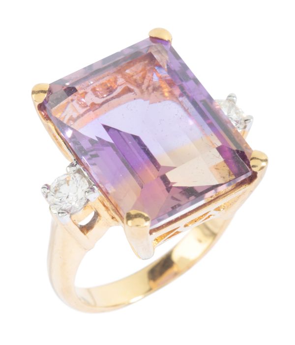 AN AMETRINE AND DIAMOND THREE STONE RING