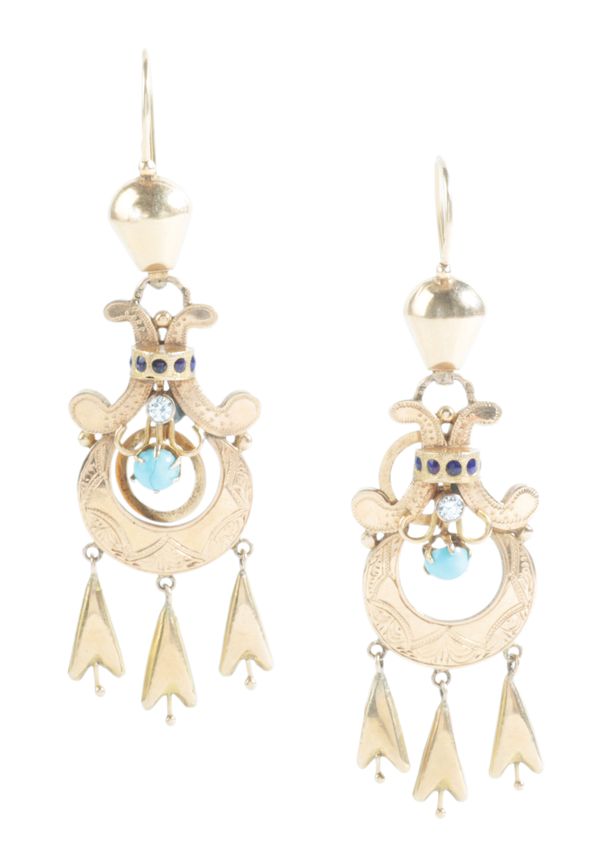 A PAIR OF VINTAGE PORTUGUESE TURQUOISE AND DIAMOND DROP EARRINGS