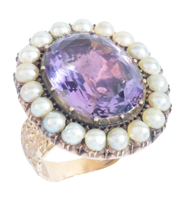 A LARGE ANTIQUE AMETHYST AND PEARL CLUSTER RING