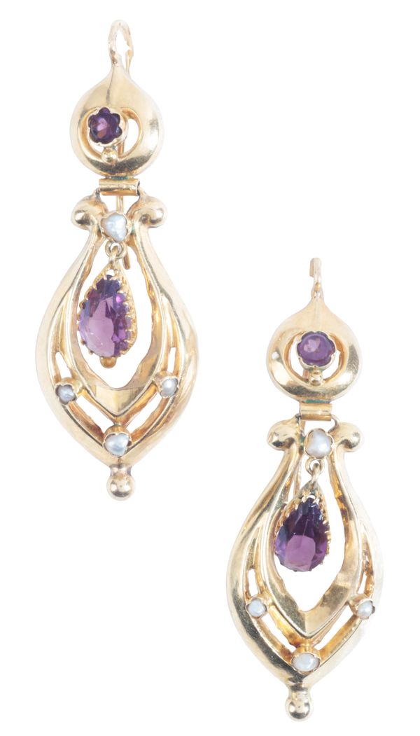 A PAIR OF ANTIQUE FRENCH AMETHYST AND PEARL DROP EARRINGS
