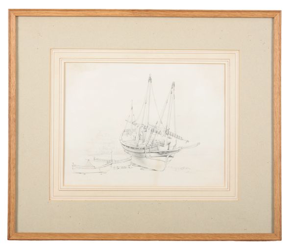 FRENCH SCHOOL, 19TH CENTURY A fishing boat docked at low tide