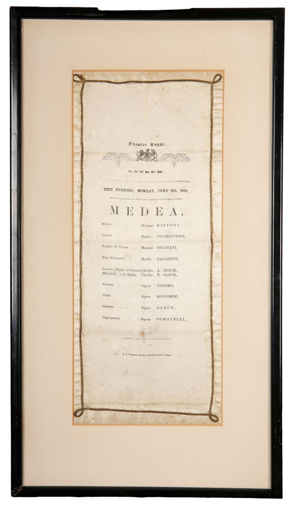 A VICTORIAN PRINTED AND EMBROIDERED SILK THEATRE ROYAL POSTER