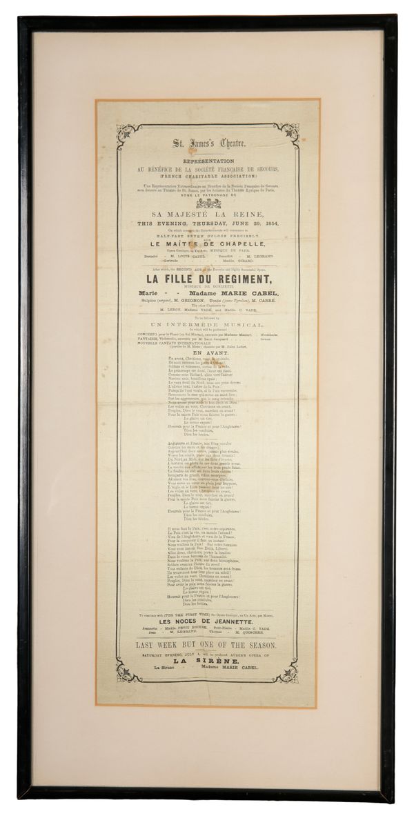 A VICTORIAN PRINTED SILK ST JAMES’ THEATRE POSTER