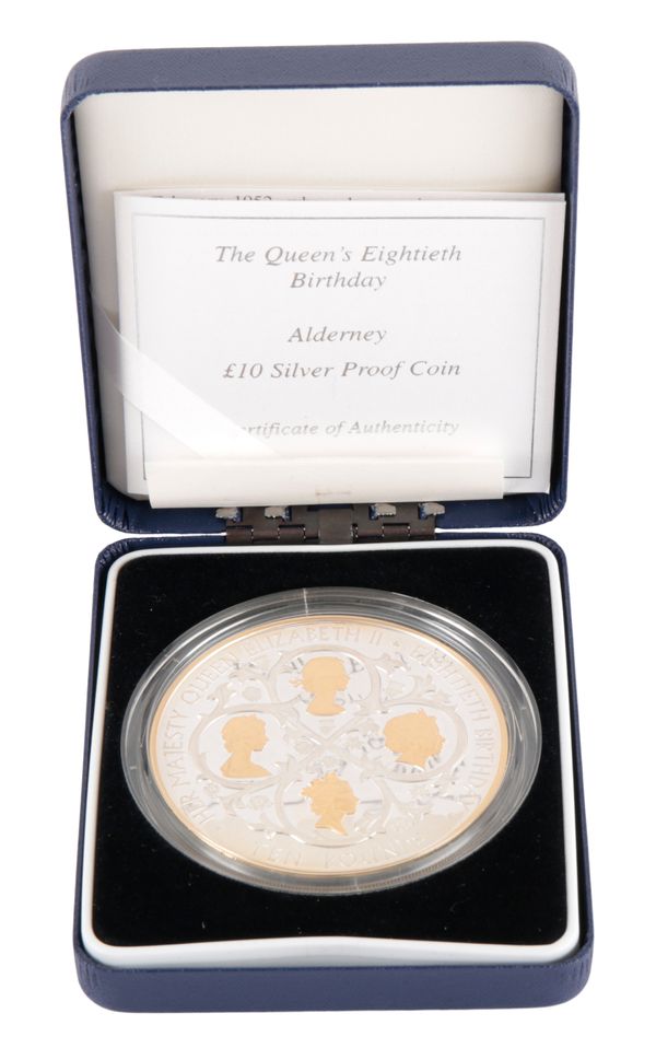 THE ROYAL MINT: A 2006 "THE QUEEN'S 80TH BIRTHDAY: ALDERNEY" £10 SILVER PROOF COIN