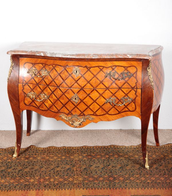 A LOUIS XV STYLE PARQUETRY BOMBE COMMODE