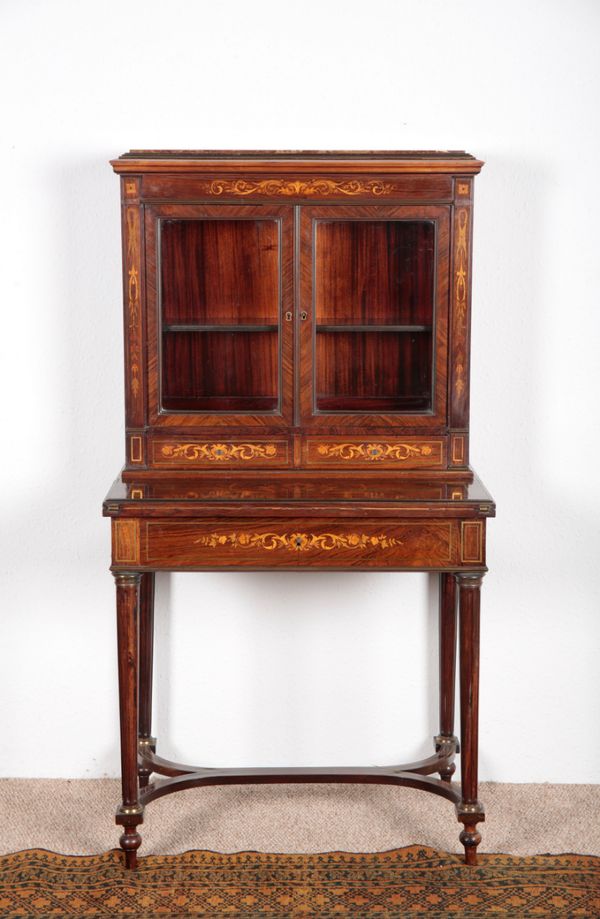 A LOUIS XVI STYLE ROSEWOOD, MARQUETRY AND BRASS STRUNG BONHEUR DU JOUR BY MAPLE & CO.