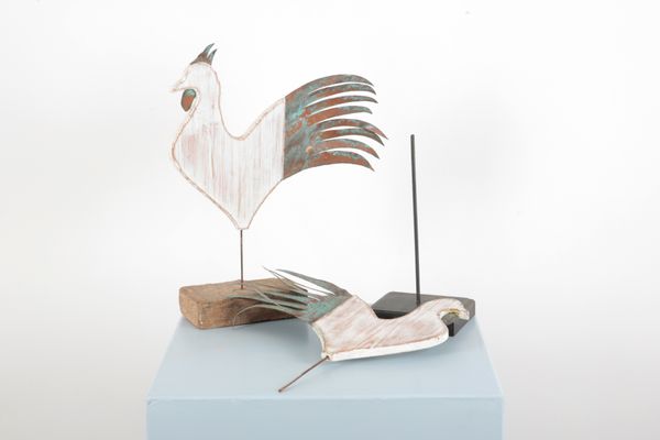 MARTIN SCOREY (1961-2021): TWO WOOD AND VERDIGRIS METAL FOLK ART CHICKENS