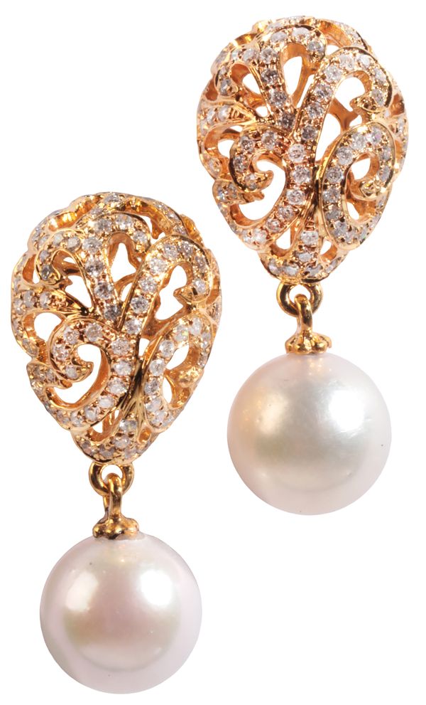 A PAIR OF PEARL AND DIAMOND DROP EARRINGS