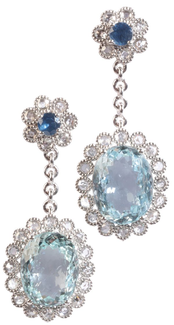 A PAIR OF AQUAMARINE, SAPPHIRE AND DIAMOND DROP EARRINGS