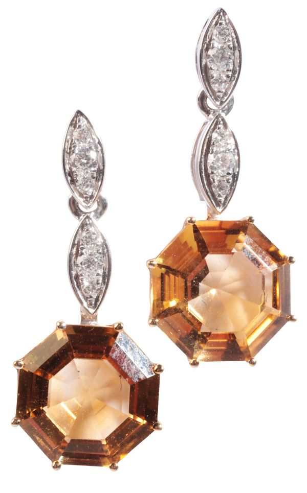 A PAIR OF CITRINE AND DIAMOND DROP EARRINGS