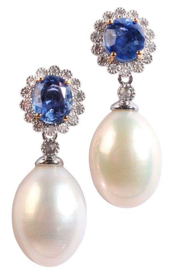 A PAIR OF PEARL AND SAPPHIRE DROP EARRINGS