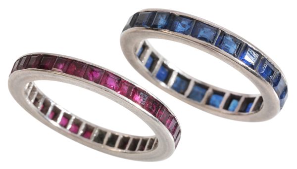 MATCHING RUBY AND SAPPHIRE ETERNITY RINGS