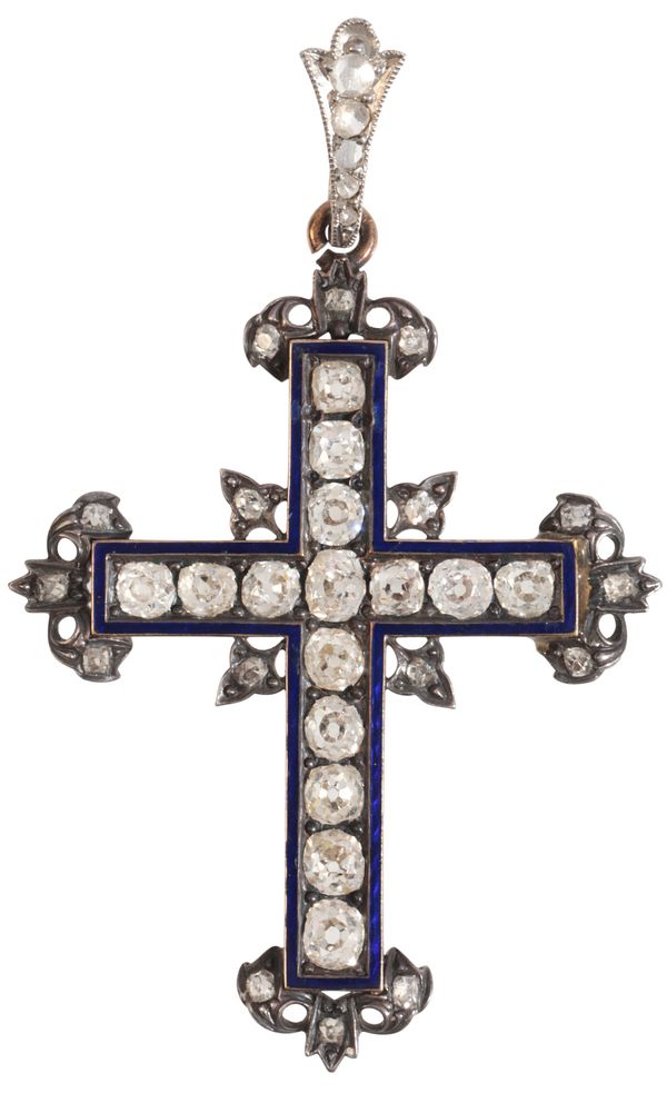 AN ANTIQUE ENAMELLED DIAMOND CROSS PENDANT