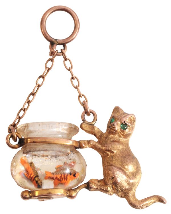 AN ANTIQUE CAT AND FISH BOWL PENDANT