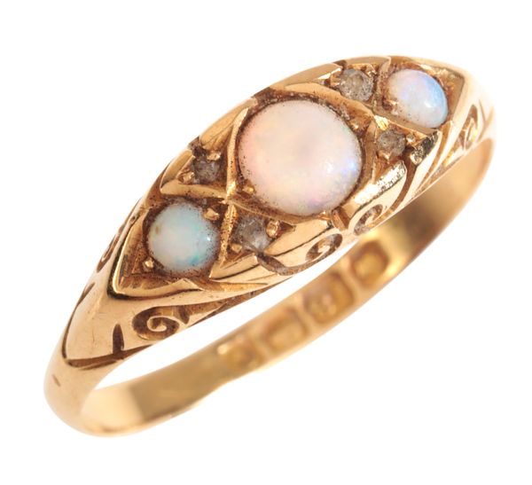 AN ANTIQUE OPAL AND DIAMOND THREE STONE RING