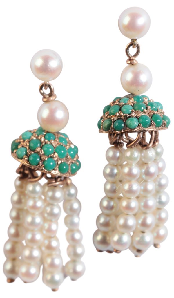 A PAIR OF ANTIQUE TURQUOISE AND PEARL TASSEL EARRINGS