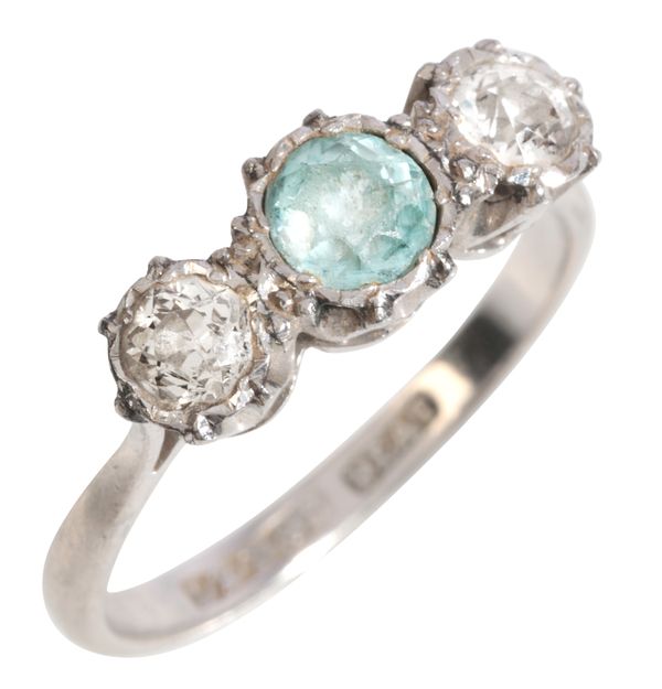 A ZIRCON AND DIAMOND THREE STONE RING