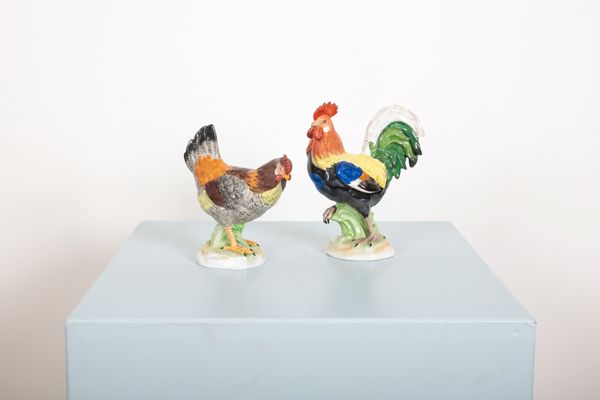 A DRESDEN PORCELAIN COCKEREL AND HEN