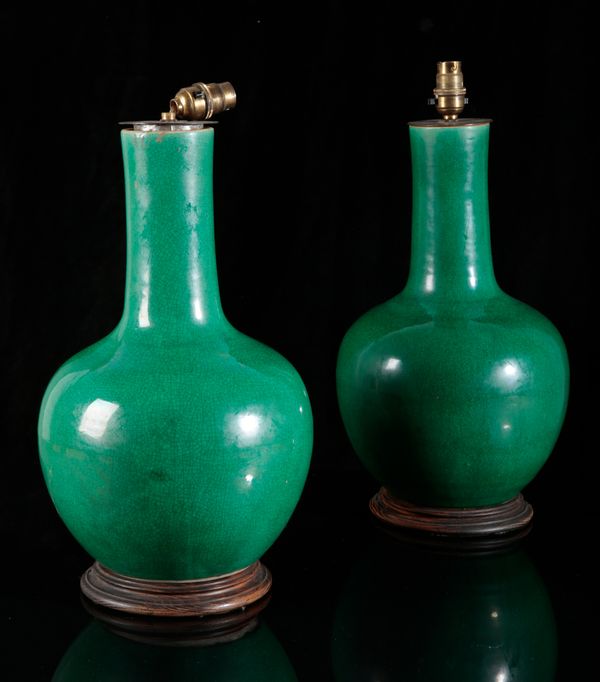 A PAIR OF CHINESE PORCELAIN GREEN CRACKLE GLAZED BOTTLE VASES