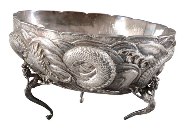 A CHINESE SILVER OVAL PUNCH BOWL