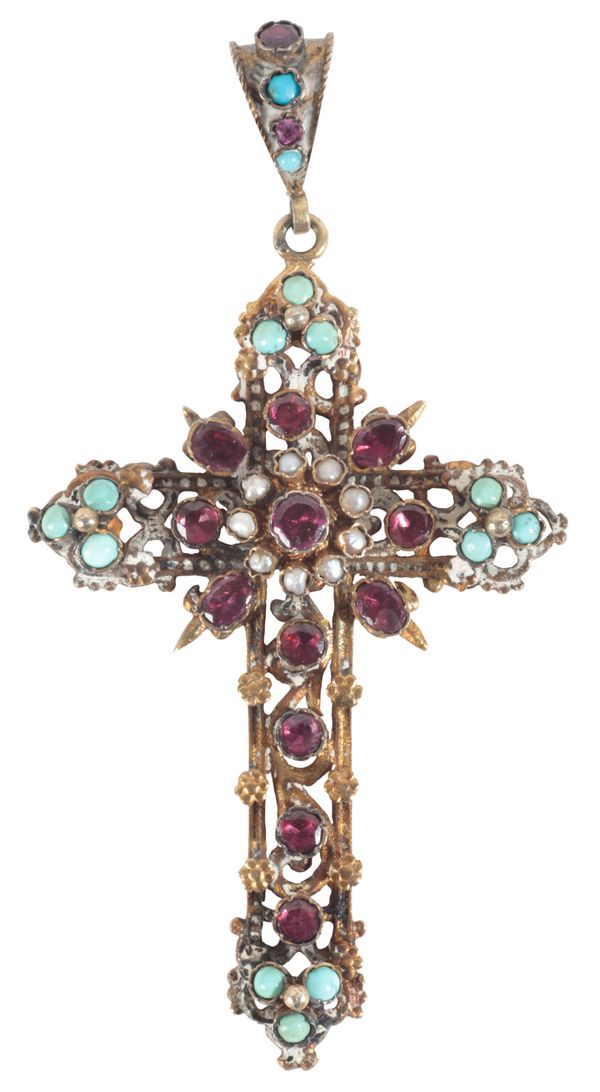 A GARNET, PEARL AND TURQUOISE INSET CROSS PENDANT