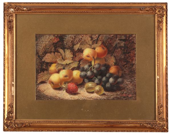 OLIVER CLARE (1853-1927) A pair of still life studies of fruits in naturalistic woodland settings