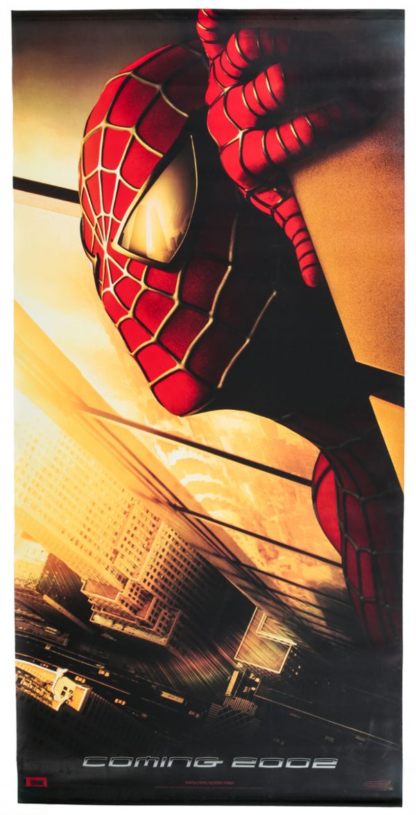 A RECALLED SPIDER MAN TWIN TOWERS 'COMING 2002' VINYL MOVIE BANNER