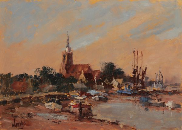 *WILLIAM DAVIES (b. 1928) Boats at low tide with a church beyond