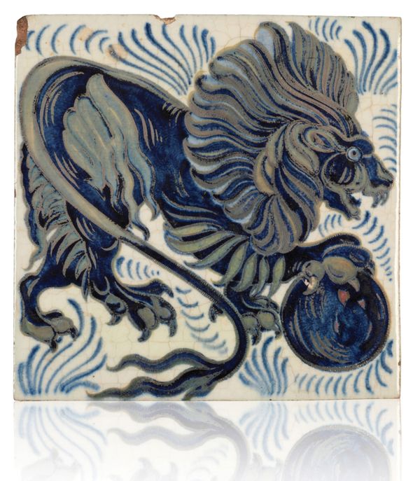 WILLIAM DE MORGAN (1839-1917): A RARE 'TRIPLE LUSTRE' LATE FULHAM PERIOD TILE 'STYLISED LION WITH BALL'