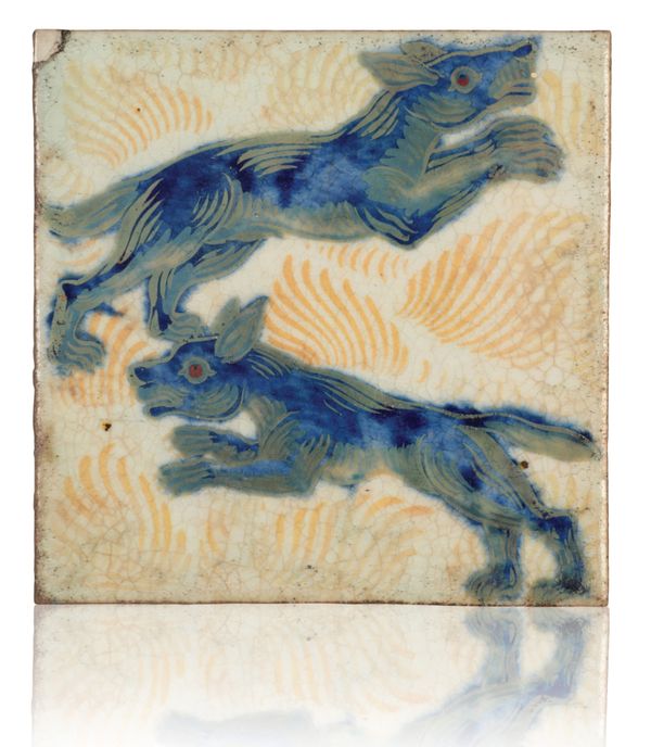 WILLIAM DE MORGAN (1839-1917): A RARE 'TRIPLE LUSTRE' LATE FULHAM PERIOD TILE '2 HOUNDS AND FOLIAGE'