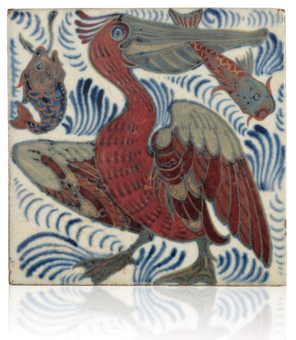 WILLIAM DE MORGAN (1839-1917): A RARE 'TRIPLE LUSTRE' LATE FULHAM PERIOD TILE 'PELICAN WITH FISH, HOOKED FISH'