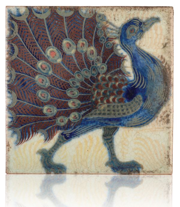 WILLIAM DE MORGAN (1839-1917): A RARE 'TRIPLE LUSTRE' LATE FULHAM PERIOD TILE 'STRUTTING PEACOCK'